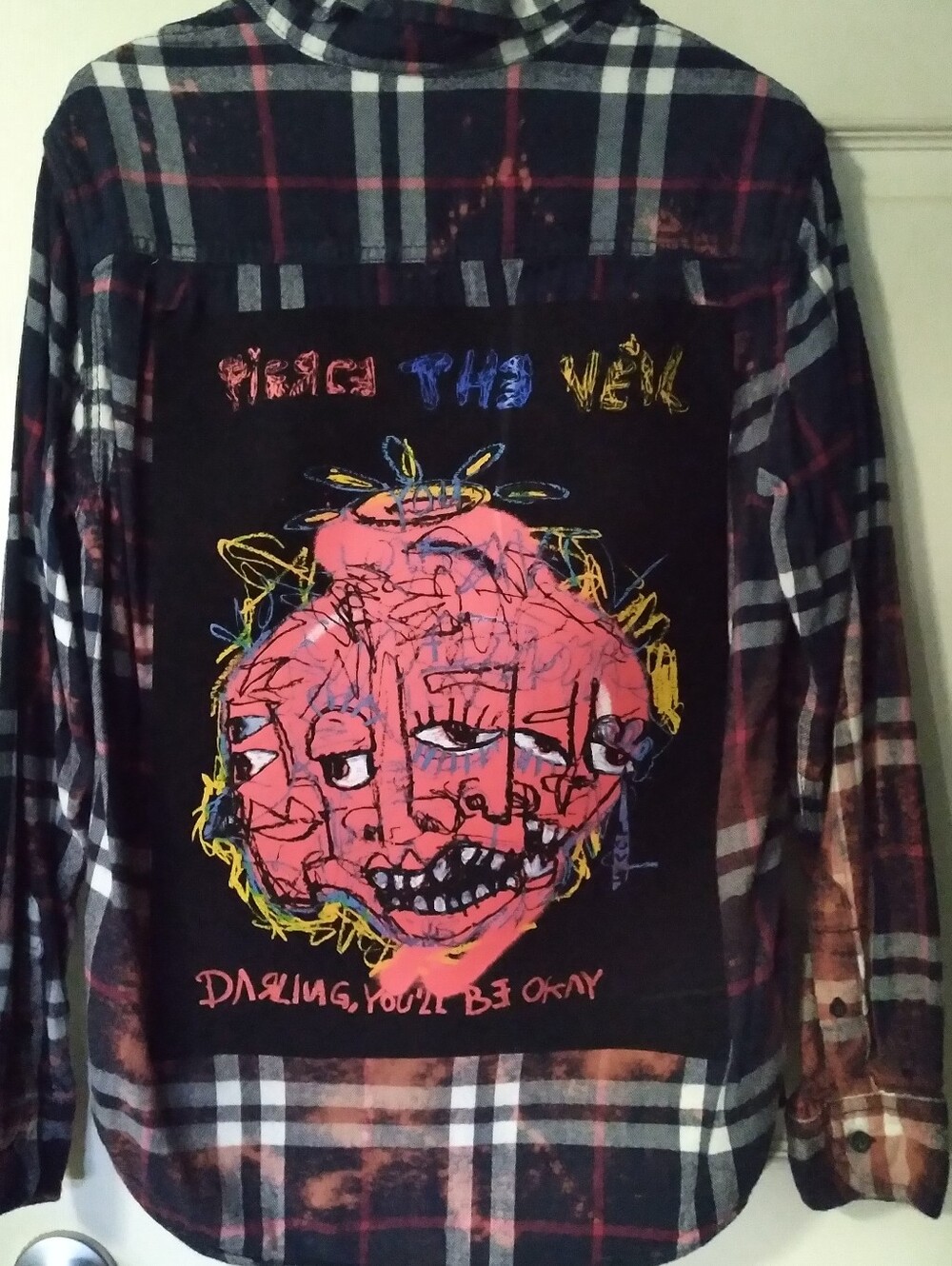Upcycled Bleached Flannel Shirt W/ Custom PIERCE THE VEIL back Patch